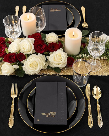 Nervure 100PCS Black and Gold Plastic Plates - 10.25 inch Black Disposable Plates - Gold Rim Dinner Plate - Black Dinner Plate Ideal for Wedding & Party