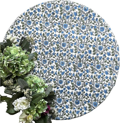 ATOSII Lake Como 100% Cotton Summer Round Tablecloth, Block Print Table Cloth for Dining, Weddings, Outdoors, Parties I Grand Millenial Farmhouse Coastal Boho Home Decor 60" Inches