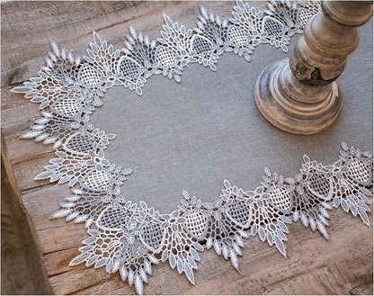 Lace Runner Earth Tone Silver Lace on Silver Fabric Table Runners, Dresser Scarf by LinensArtandThings