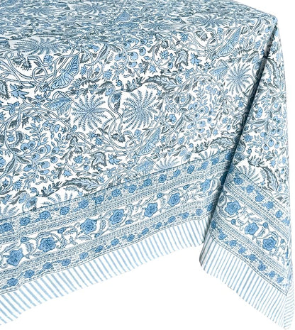 ATOSII Butterfly Blue 100% Cotton Rectangle Boho Fall Tablecloth, Handblock Floral Table Cloth Linen for Kitchen Dining I Parties Christmas Thanksgiving Grandmillenial I 72 X 108 Inches I 8 Seater