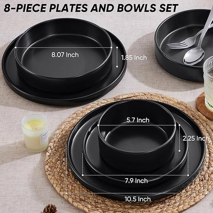 E-far 8-Piece Black Plates and Bowls Sets - Stoneware Dinnerware Sets with Pasta Bowls for 2 | Matte Black Kitchen Modern Dish Set, Microwave & Dishwasher Safe