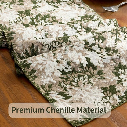 ORTIGIA Vintage Floral Table Runner, Boho Chenille Green and Taupe Farmhouse - Image 6