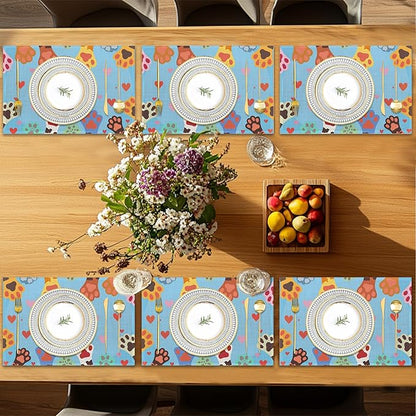 Cute Paws Placemats Set of 6,Dog Cat Table Mates Non-Slip Heat Resistant Washable Linen Place Mats for Party Kitchen Dining Decoration Indoor Outdoor 12"x18"