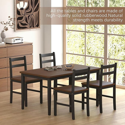 5 Piece Dining Table Set, Solid Wood Dining Table Set for 4, Farmhouse Table and 4 Chairs Set, 43.3'' Rectangular Kitchen Table Set for 4, Brown & Black