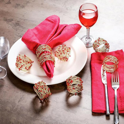 Gold Red Beaded Napkin Ring Set of 12 - Beautiful Fancy Elegant Decorative Napkin Holder for Christmas, Dinner Table Decoration, Farmhouse, Wedding, Party, Family Gathering, New Year & Everyday Use
