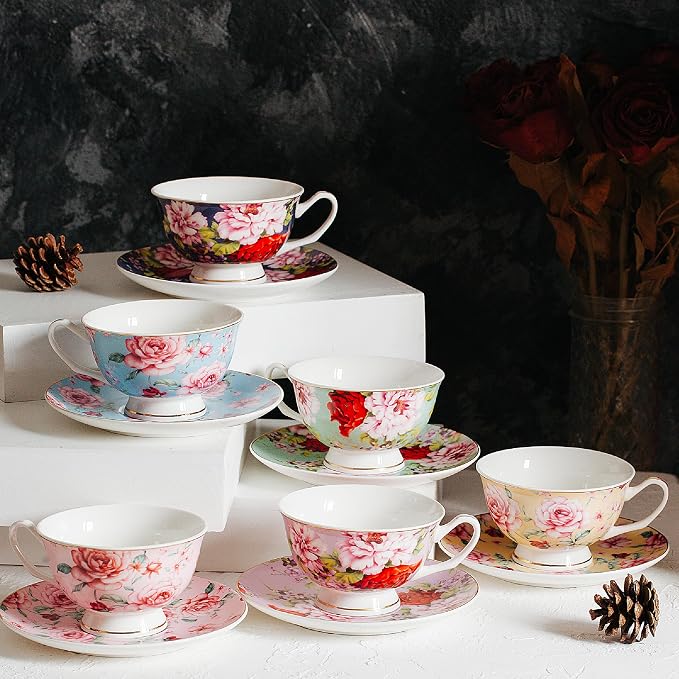 BTaT- Floral Tea Cups and Saucers, 8 oz, Fine Porcelain Teacup Set - Image 7