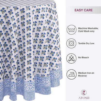 ATOSII Gulbahar Blue 100% Cotton Fall Round Tablecloth, Handblock Print Floral Table Cloth for Kitchen Dining Linen I Thanksgiving, Christmas, Weddings, Outdoors, Parties I 60" Inches I 4 Seater Table