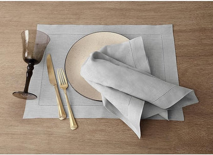 Solino Home Linen Cloth Placemats Set of 6-100% Pure Linen Hemstitch Soft Grey Placemats 14 x 19 Inch - Classic Hemstitch Table Place Mats for Winter, Spring, Easter