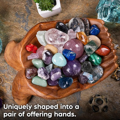 Curawood Carved Hands Offering Bowl - Crystal Holder for Stones, Rock Collection Holder, Crystal Display Storage Tray, Wooden Hands Bowl for Keys - Rock Display Case for Shelf, Stand, Altar Decor (L)