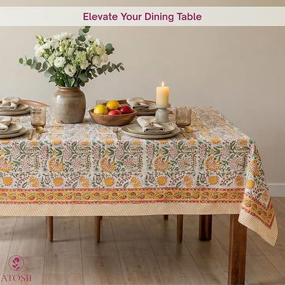 ATOSII Clover Yellow 100% Cotton Rectangle Fall Tablecloth, Handblock Floral Print Linen Table Cloth for Kitchen Dining I Parties, Weddings, Outdoors, Christmas, Thanksgiving Decor 60 X 90 Inches