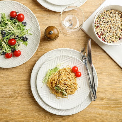 Sureasy 12-Piece Ceramic Dinnerware Set for 4 - Embossed Plates and Bowls Sets, Scratch Resistant Dish Set, Microwave, Oven & Dishwasher Safe, White