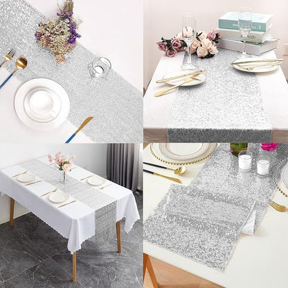 12 Packs 12 X 72 Inch Silver Sequin Table Runner Glitter Dining Table Runner - Image 5