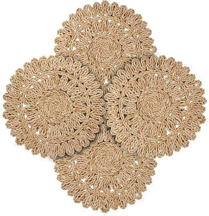 15" Corn Husk Woven Round Placemats Set of 4 - Wicker Boho Farmhouse Placemats - Rattan Table Mats Like Water Hyacinth for Dining Table, Wedding, Home, Christmas, Party