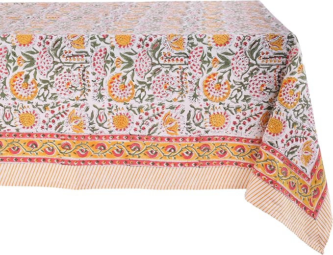 ATOSII Clover Yellow 100% Cotton Rectangle Fall Tablecloth, Handblock Floral Print Linen Table Cloth for Kitchen Dining I Parties, Weddings, Outdoors, Christmas, Thanksgiving Decor 60 X 108 Inches