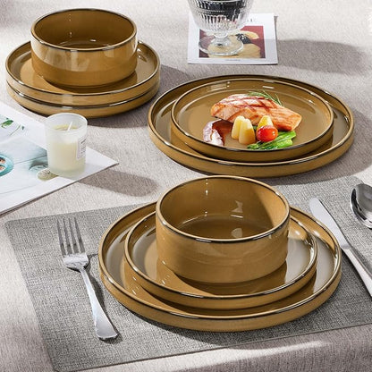 Herogo 24 Pieces Stoneware Dinnerware Set for 8, Ceramic Dinner Dishware Sets for Home Kitchen, Plates and Bowls with Rustic Terracotta Bottom, Dishwasher & Microwave Safe, Earthen Brown