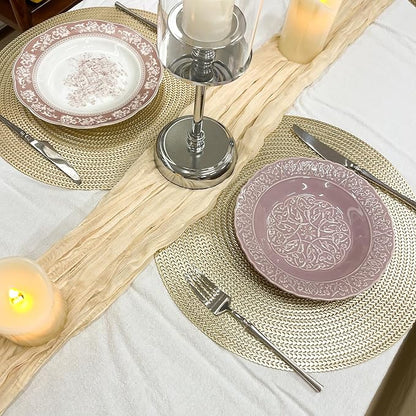 Set of 4 PVC Gold Textured Round Placemats Dinning Kitchen Table Mats Decorations Setting for Christmas Wedding Thanksgiving Party Event Holiday Autumn Harvest 15 Inch