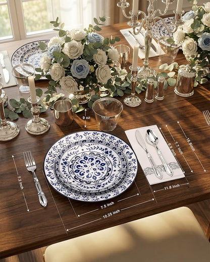 175 Pcs Blue Plates for 4th of July | Floral Disposable Dinnerware Set. - Image 3
