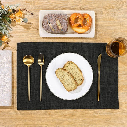 SHACOS Washable Cloth Placemats Set of 4 Cotton Linen Double Layer Thickened Machine Washable Table Mats Non Slip Heat Resistant Fabric Place Mats for Dining Table, Black