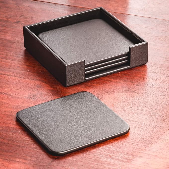 Dacasso Black Leather 4-Square Coaster Set - Image 4
