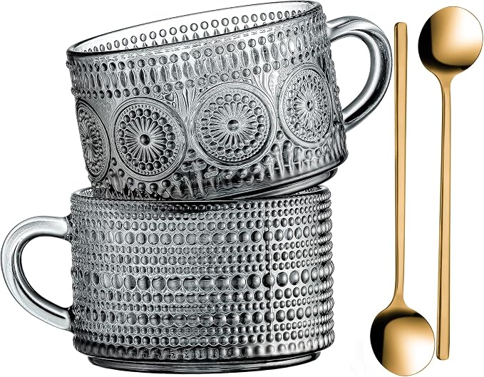 Gezzeny Vintage Glass Coffee Mugs 14 Oz Set of 2 Gray Embossed Tea Cups by Gezzeny