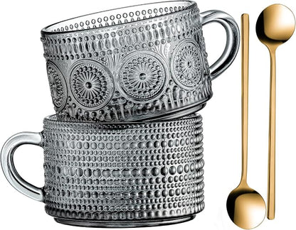 Gezzeny Vintage Glass Coffee Mugs 14 Oz Set of 2 Gray Embossed Tea Cups by Gezzeny