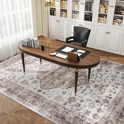 HOMCOM Washable Area Rug, 8'x10' Vintage Indoor Distressed Carpet, Retro Floor Cover Foldable, Floral Print Mat for Living Room, Bedroom, Dining Room, Tan