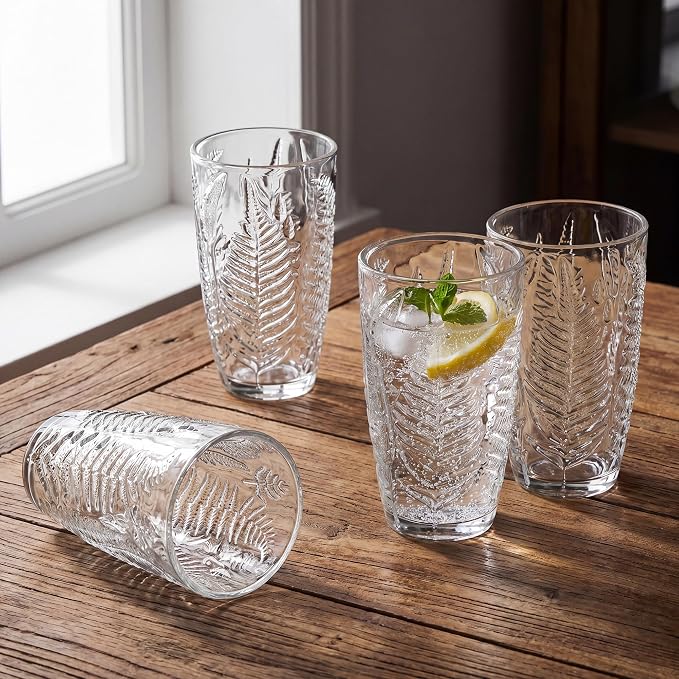 Clear Drinking Glasses Set of 4, 16 oz Glass Cups, Vintage Fern Glassware | - Image 2