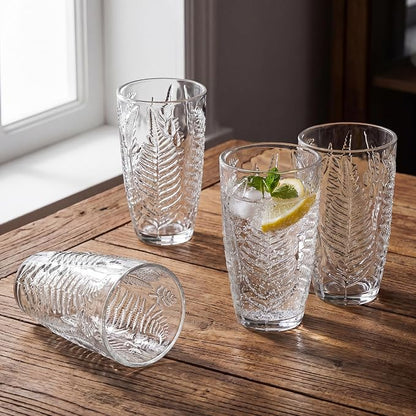 Clear Drinking Glasses Set of 4, 16 oz Glass Cups, Vintage Fern Glassware | - Image 2