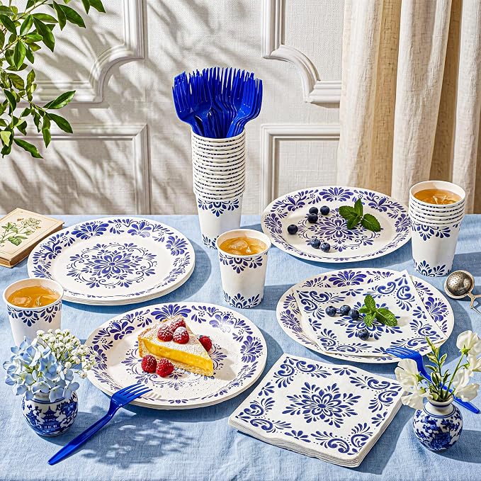 96 Pcs Cielito Lindo Party Supplies De Barro Mexican Talavera Blue Party Plates - Image 7