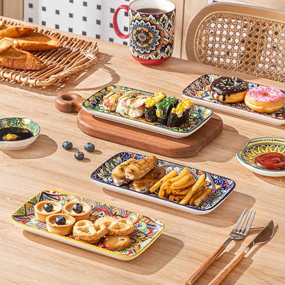 Henten Home Porcelain 8 Inch Dessert Plates, Ceramic Rectangular Salad Plate Set of 6, Bohemian Serving Dishes for Sushi, Appetizer, Cake, Sashimi, Microwave & Dishwasher Safe