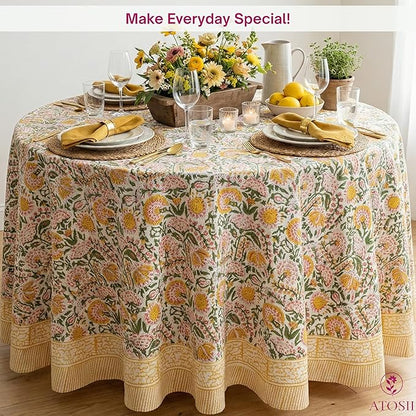 ATOSII Clover Yellow 100% Cotton Round Tablecloth, Handblock Print Floral Table Cloth for Kitchen Dining Linen I Parties, Weddings, Outdoors, Christmas, Thanksgiving I Fall Home Decor 60" Inches Round