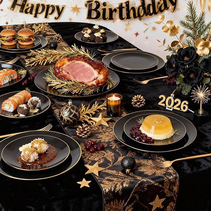 I00000 150Pcs Black Plastic Plates, Black Disposable Plates, Heavy Duty black plates for 30 Guests,Plastic Dinnerware Set Include 30 Dinner Plate,30 Dessert Plate,90 Gold Cutlery Set for Party