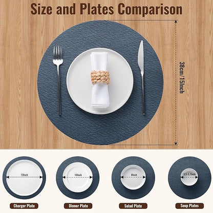 Jovono 15" Faux Leather Big Round Placemats Set of 4 - Washable Heat Resistant Non-Slip Dining Table Mats with Fabric Texture for Kitchen Home Party Decor, Blue