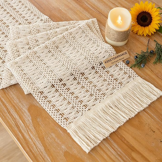 Keketoarrange Boho Macrame Table Runner 12x108 Inch | Woven Burlap Rustic by KEKETOARRANGE