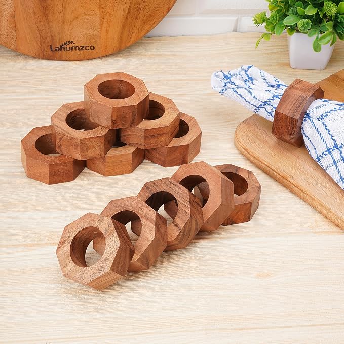Acacia Wood Napkin Rings Set of 12 – Handmade Octagon Rustic Wooden Napkin - Image 3