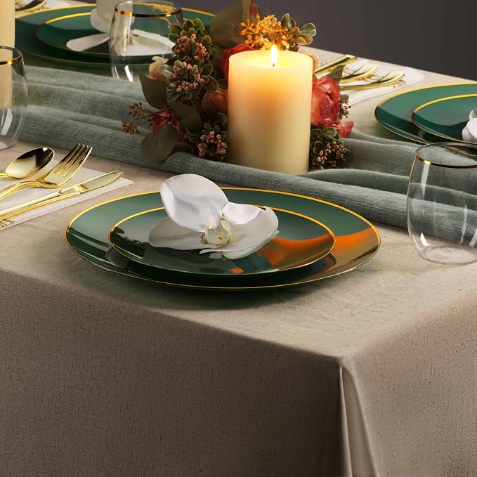 100 Green Gold Plastic Plates Set, Elegant Fancy Heavy Duty Disposable Plates - Image 5
