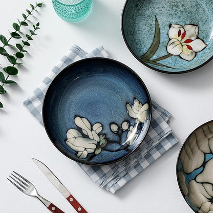 Maxdot Ceramic Dinner Plates Set of 6, 8.5 Inch Underglaze Painting Salad Plates, Glazing Process Floral Ceramic Gift Dishes for Steak Salad Pasta Appetizer, Microwave, Oven and Dishwasher Safe