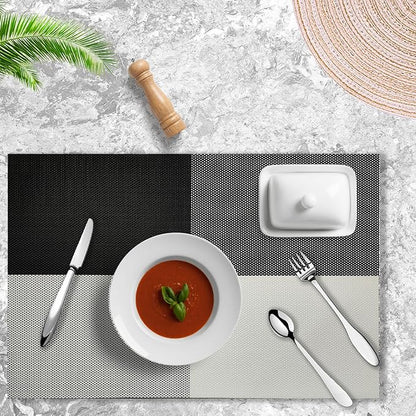 Placemats Set of 4 - Washable Woven Vinyl Placemats, Heat Resistant, Non-Slip, Easy to Clean Water Resistant Table Mats for Indoor/Outdoor Dining, Kitchen, Patio (4, Black White Square)