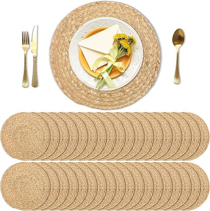 Kochorie Set of 36 Round Woven Placemats 12-Inch Natural Water Hyacinth Plant Placemats Hand-Woven Boho Rattan Placemat Wicker Weave Table Mats for Home Table Farmhouse