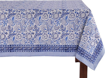 ATOSII Indigo Bloom 100% Cotton Tablecloth, Block Print Rectangle Table Cover for Dining, Parties, Weddings, Outdoors, Holidays, 60 X 90 Inches I 6 Seater I Grandmillennial Preppy Boho Farmhouse