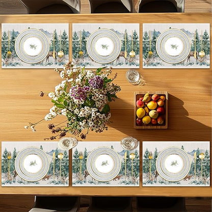 6 Pcs Placemats,Forest Mountain Placemats,Deer Trees Table Mats Washable Recyclable Table Placemat for Indoor Outdoor Heat Resistant Kitchen Dining 12"x18"