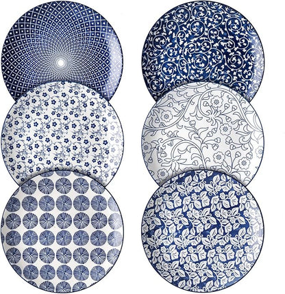 Selamica 8 inch Porcelain Dinner Plates, Large Size Serving Plate for Salad, Pancakes, Steak, Set of 6, Vintage Blue
