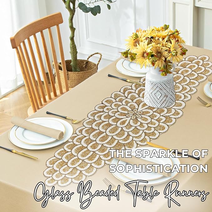 Gold Beaded Table Runner, 36 in, Farmhouse Holiday Décor | 13x36 in, 85% glass - Image 5
