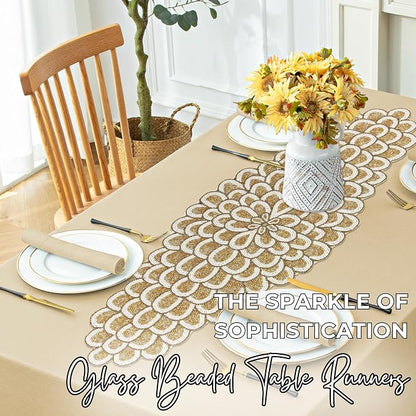Gold Beaded Table Runner, 36 in, Farmhouse Holiday Décor | 13x36 in, 85% glass - Image 5