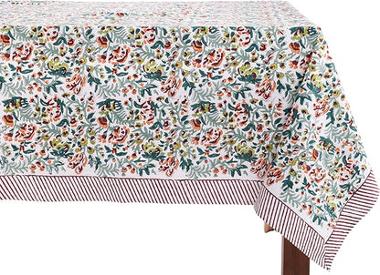 ATOSII Ambrosia Green 100% Cotton Rectangle Fall Tablecloth, Handblock Floral Print Linen Table Cloth for Kitchen Dining I Parties, Outdoors, Christmas, Thanksgiving I 72 X 140 Inches I 12 Seater
