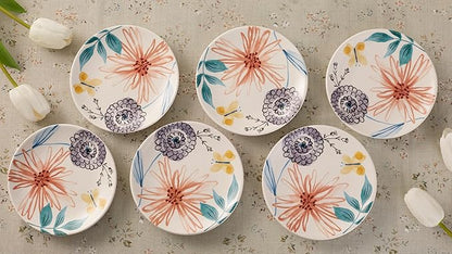 Bico Blossom Symphony Appetizer Plates Set of 6, 6 Inch Small Ceramic Dessert Plates for Snacks, Salad, Tablescape, Microwave and Dishwasher Safe, Gift for Housewarming and Thanksgiving