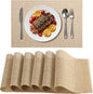 Timeet Placemats Set of 6, Heat Resistant Non-Slip Place Mats for Dining Table, Durable Washable PVC Vinyl Woven Table Mats, Linen Textured Placemats for Kitchen Resistant Easy to Clean(Beige