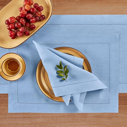 Solino Home Linen Cloth Placemats Set of 4-100% Pure Linen Hemstitch Cornflower Blue Placemats 14 x 19 Inch - Classic Hemstitch Table Place Mats for Spring, Easter
