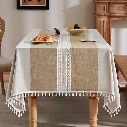 ZeeMart Contrast Linen Table Cloth Square Table Cloths 60x60 Inch Mid-Stripe Brown, Farmhouse Style Heavy Weight Beige Tablecloth, Water Resistant Burlap Tablecloths