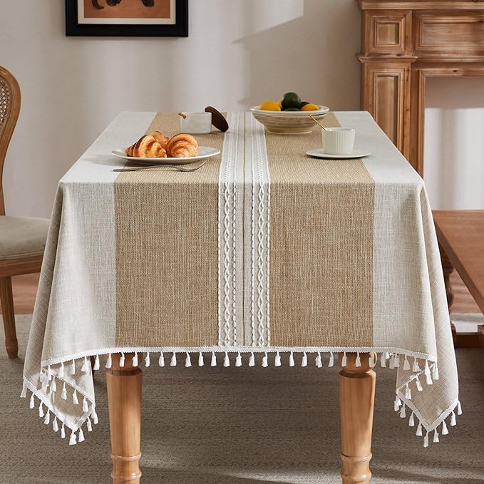 ZeeMart Contrast Linen Table Cloth Rectangle Table Cloths 52x70 Inch Mid-Stripe Brown, Farmhouse Style Heavy Weight Beige Tablecloth, Water Resistant Burlap Tablecloths